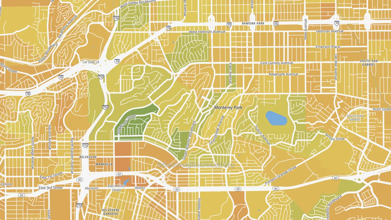 Map of the best neighborhoods in the 91754 area, with better matches in green and worse matches in red