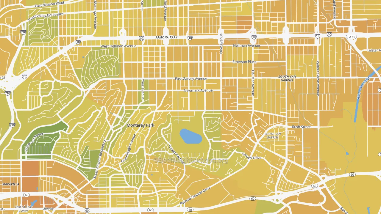 Map of the best neighborhoods in the 91755 area, with better matches in green and worse matches in red