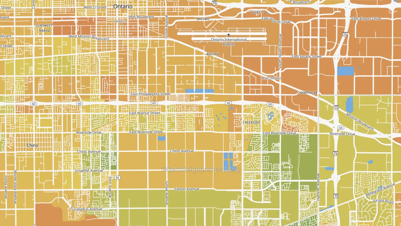 Map of the best neighborhoods in the 91761 area, with better matches in green and worse matches in red