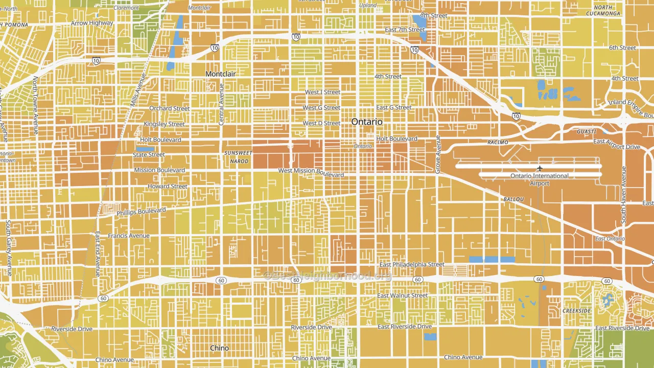 Map of the best neighborhoods in the 91762 area, with better matches in green and worse matches in red