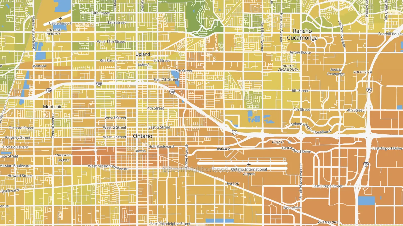 Map of the best neighborhoods in the 91764 area, with better matches in green and worse matches in red