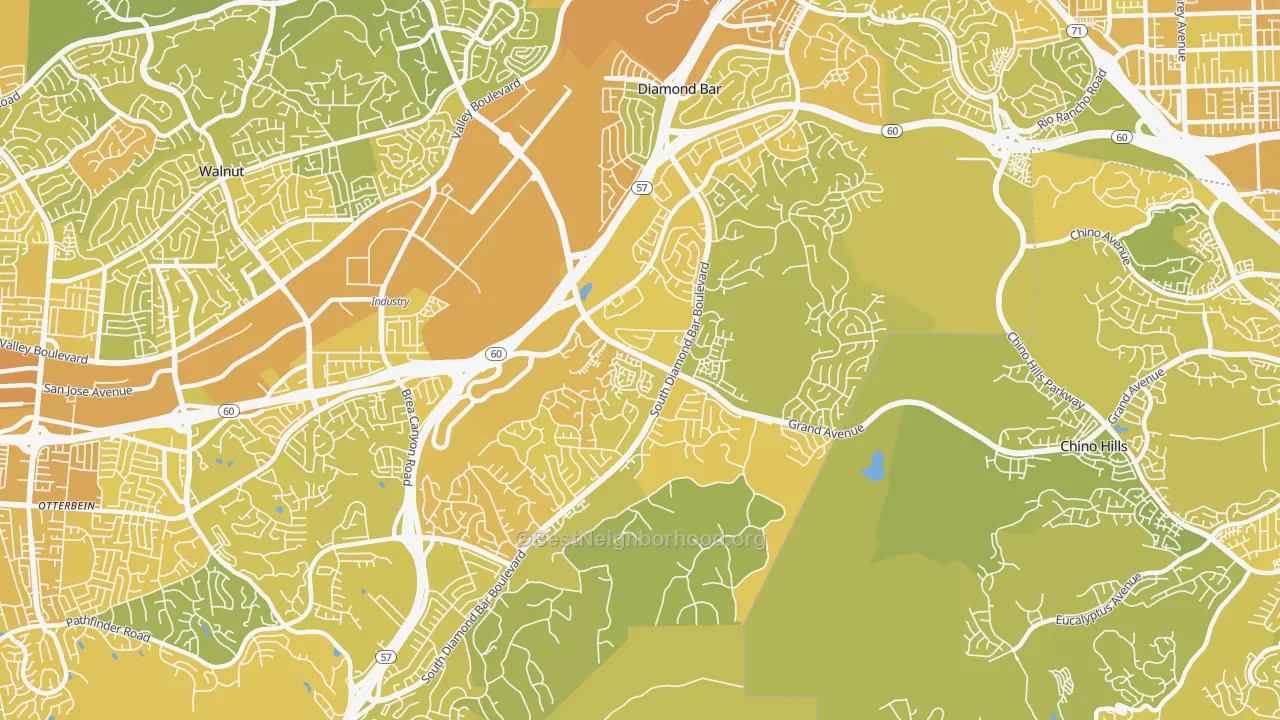 Map of the best neighborhoods in the 91765 area, with better matches in green and worse matches in red