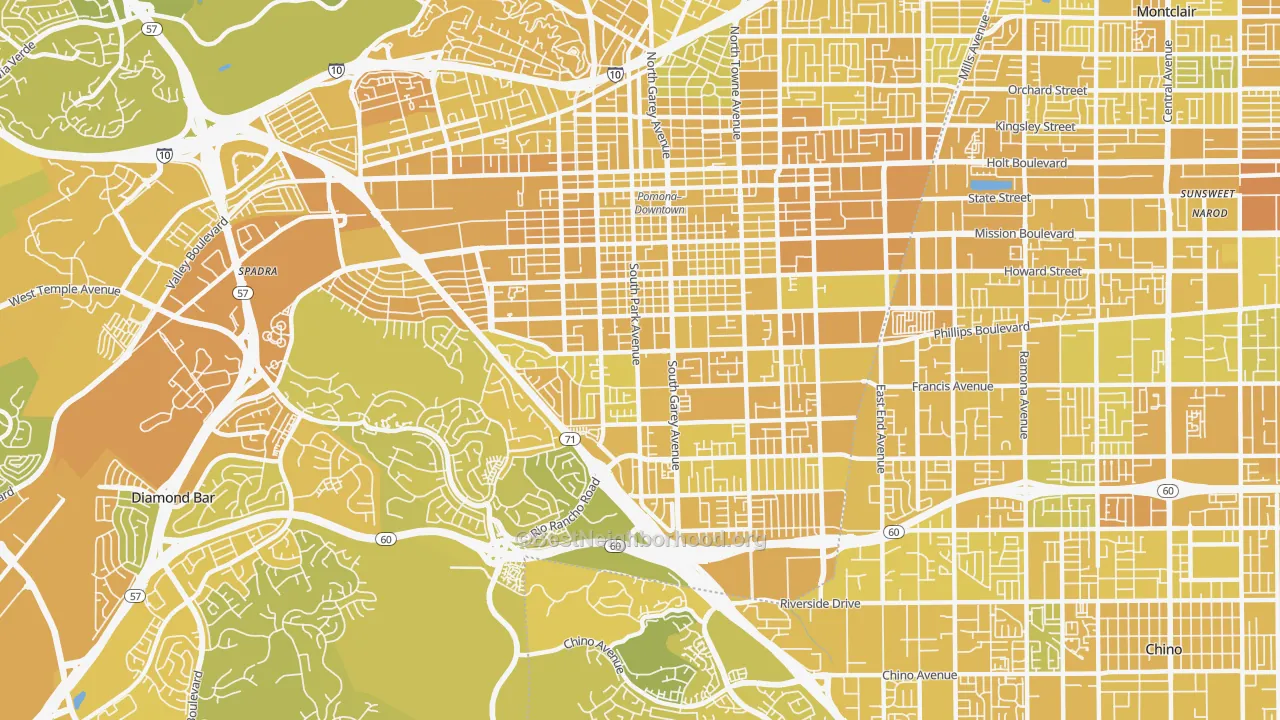 Map of the best neighborhoods in the 91766 area, with better matches in green and worse matches in red