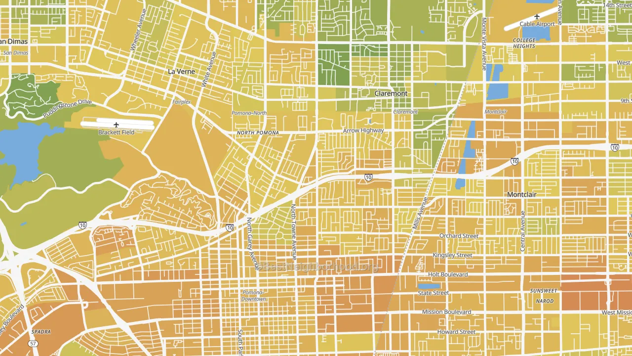 Map of the best neighborhoods in the 91767 area, with better matches in green and worse matches in red