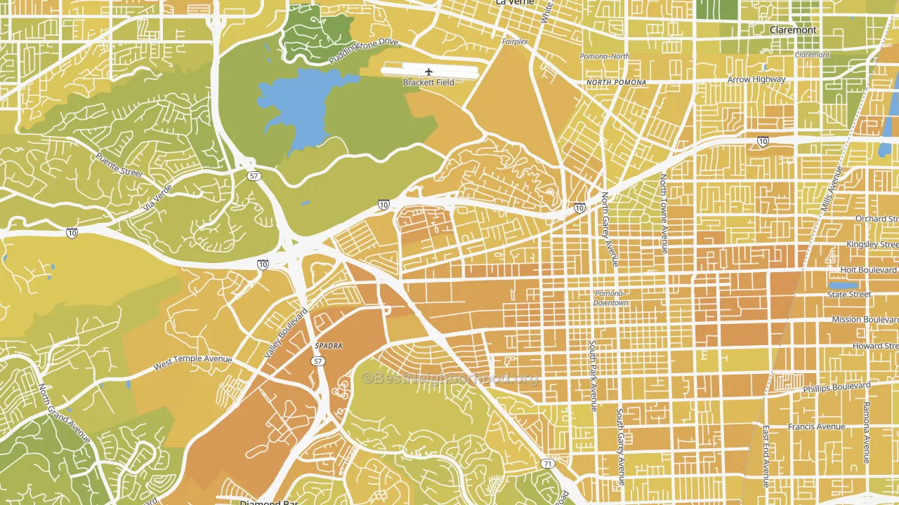 Map of the best neighborhoods in the 91768 area, with better matches in green and worse matches in red