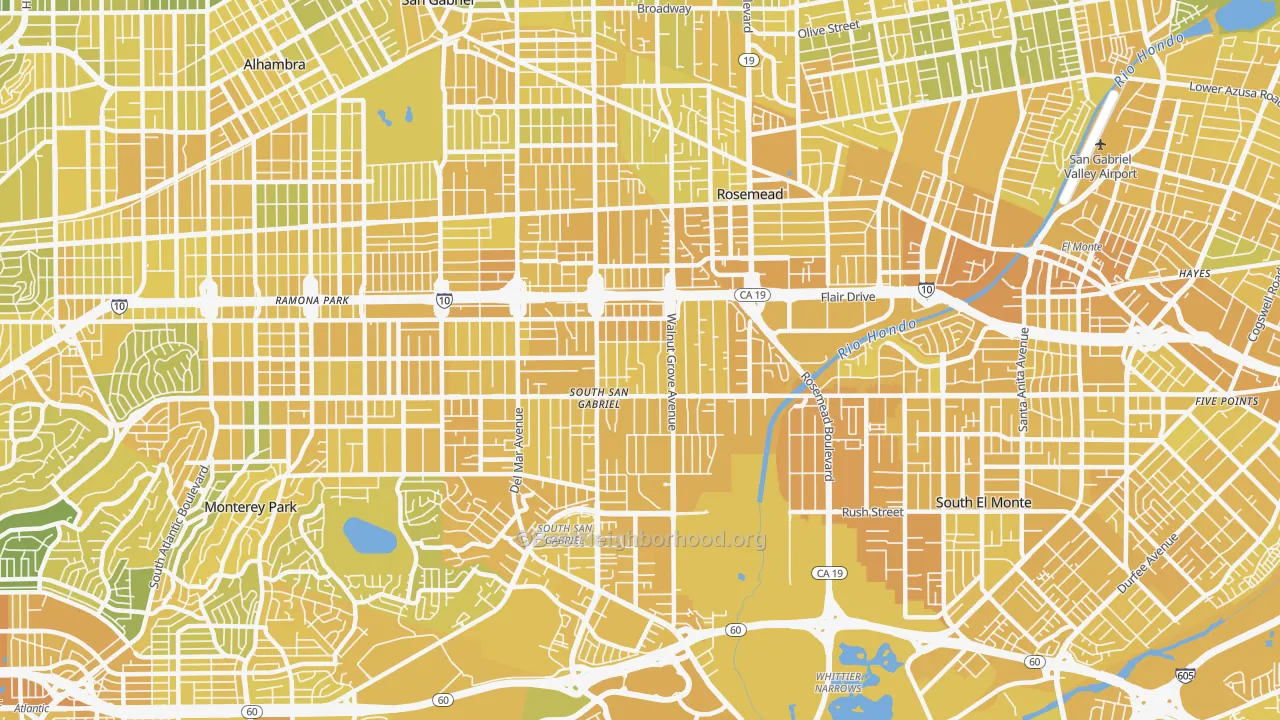 Map of the best neighborhoods in the 91770 area, with better matches in green and worse matches in red