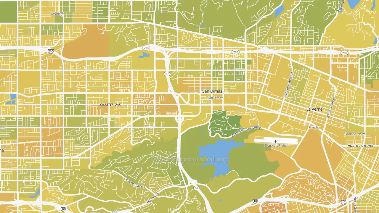 Map of the best neighborhoods in the 91773 area, with better matches in green and worse matches in red