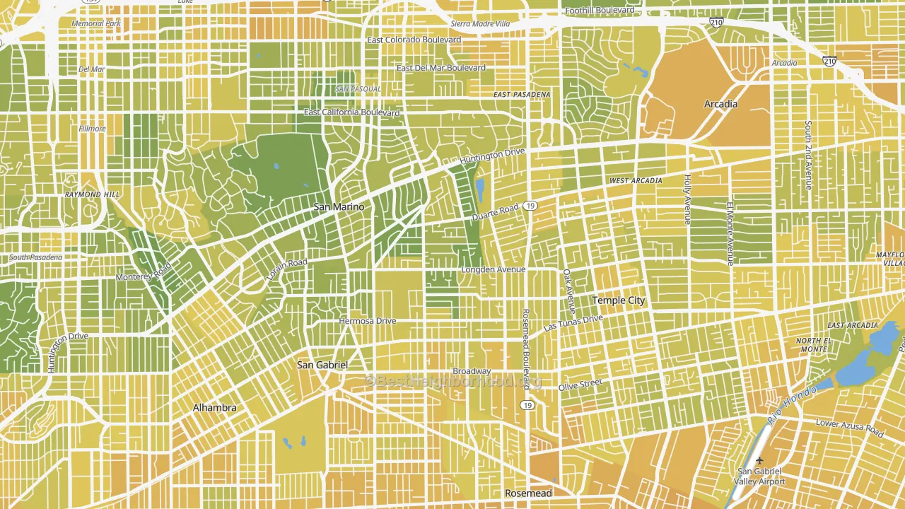 Map of the best neighborhoods in the 91775 area, with better matches in green and worse matches in red