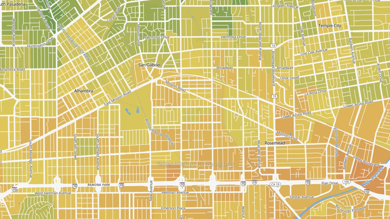 Map of the best neighborhoods in the 91776 area, with better matches in green and worse matches in red