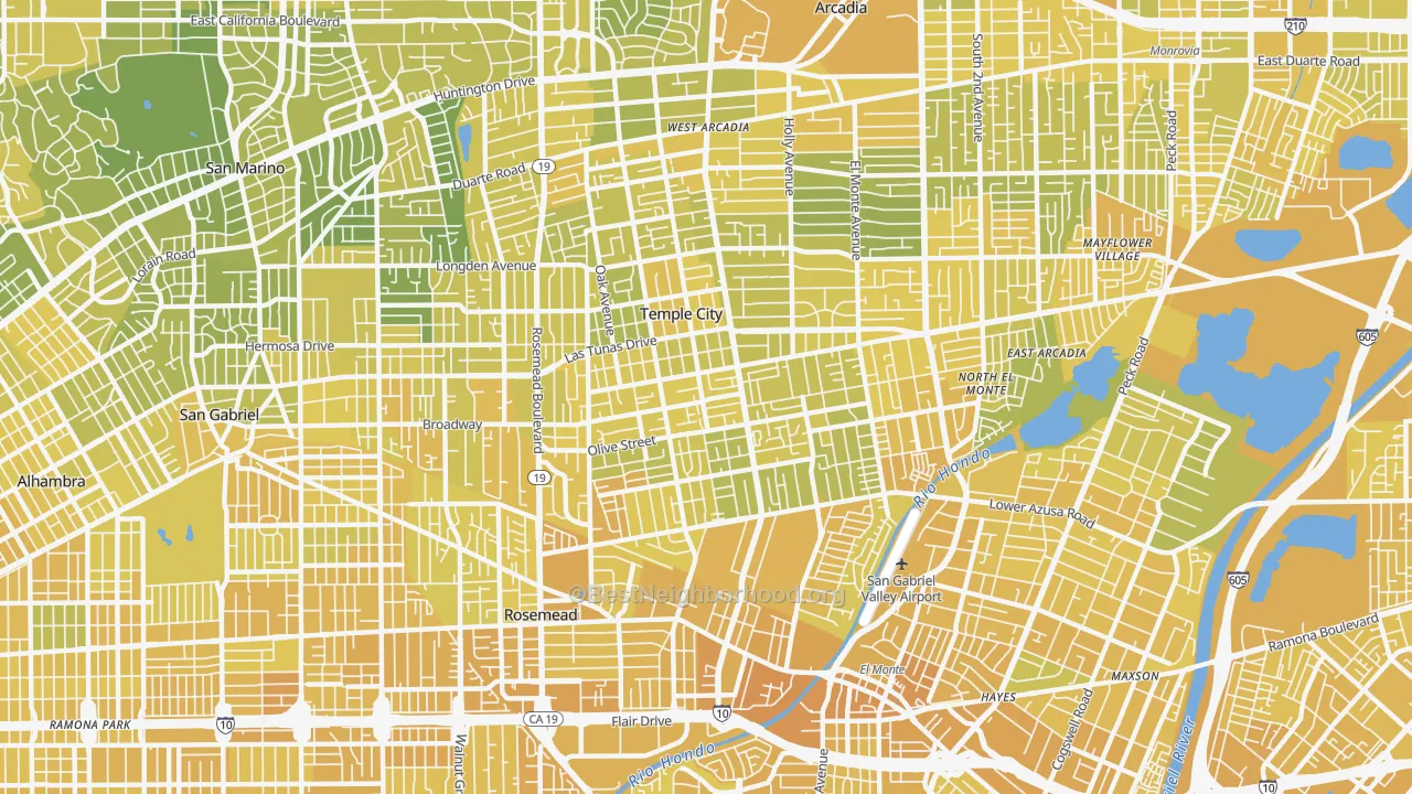 Map of the best neighborhoods in the 91780 area, with better matches in green and worse matches in red