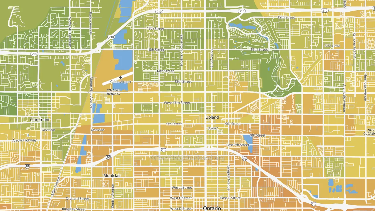 Map of the best neighborhoods in the 91786 area, with better matches in green and worse matches in red