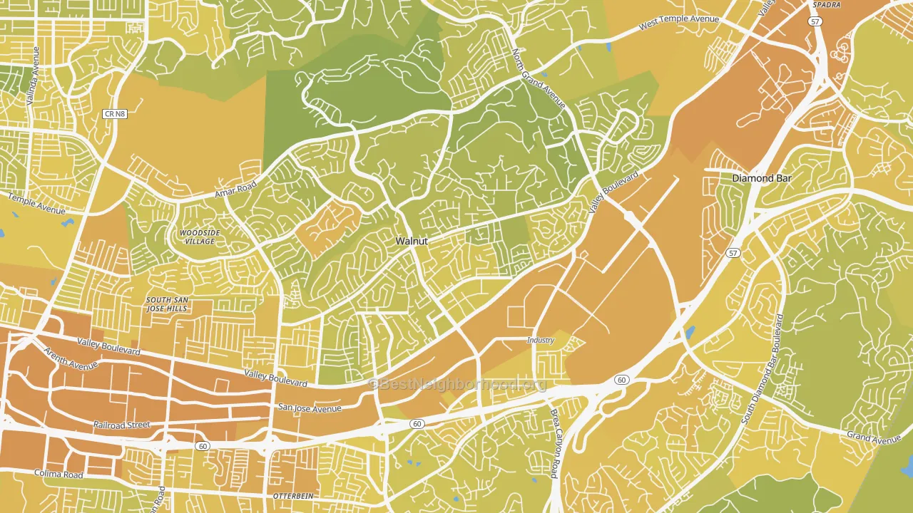 Map of the best neighborhoods in the 91789 area, with better matches in green and worse matches in red