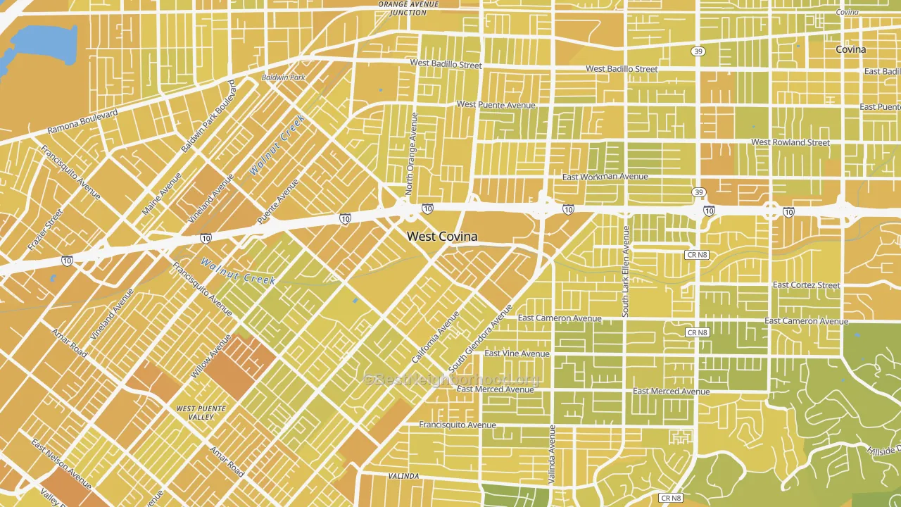 Map of the best neighborhoods in the 91790 area, with better matches in green and worse matches in red