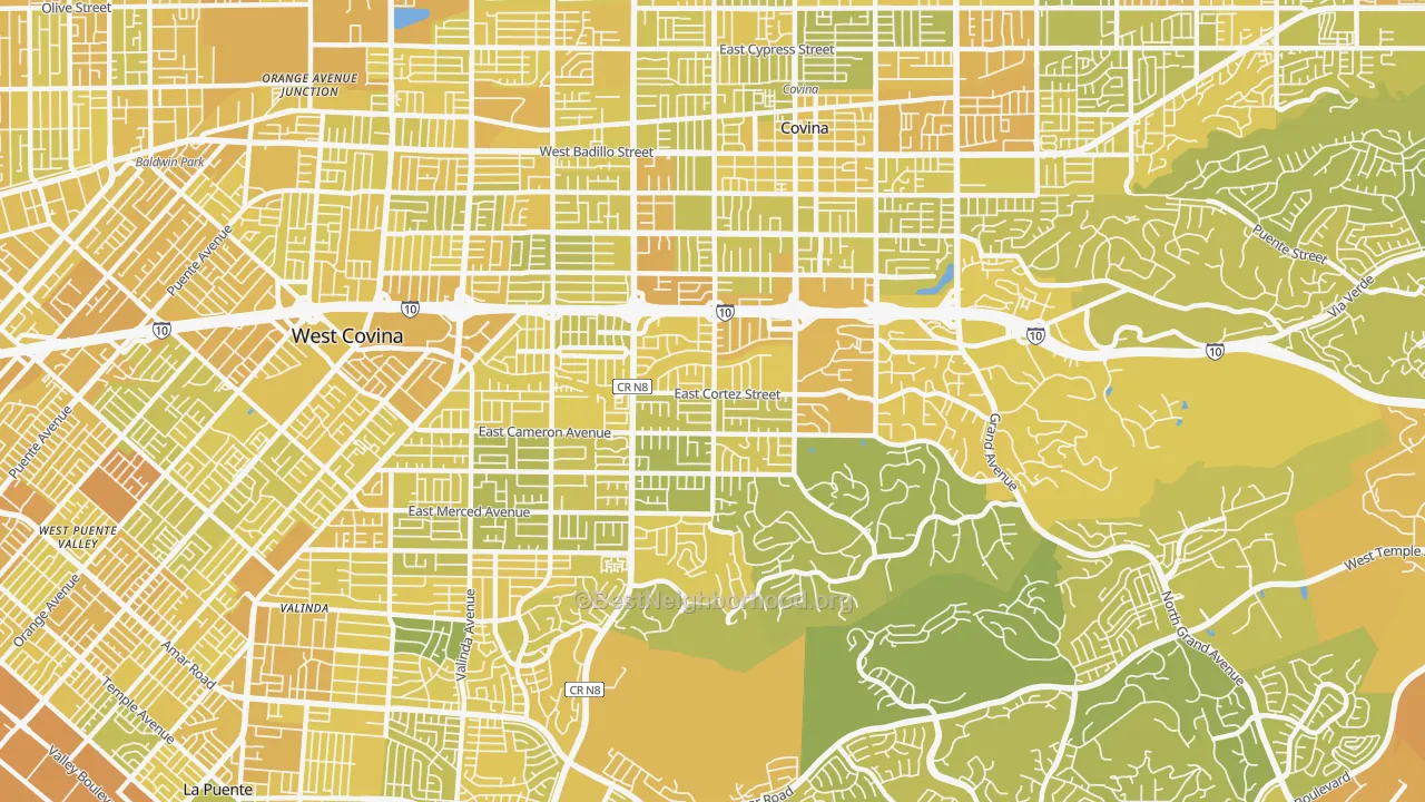 Map of the best neighborhoods in the 91791 area, with better matches in green and worse matches in red