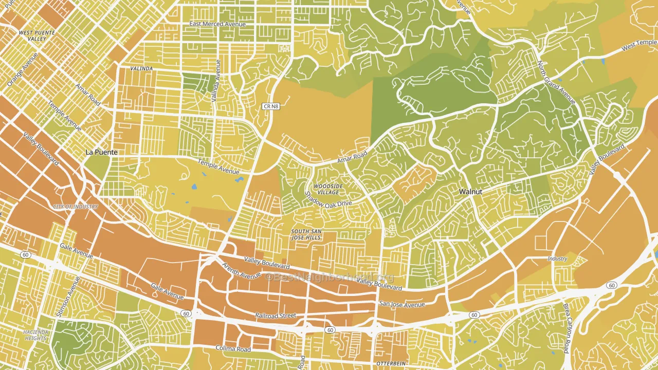 Map of the best neighborhoods in the 91792 area, with better matches in green and worse matches in red