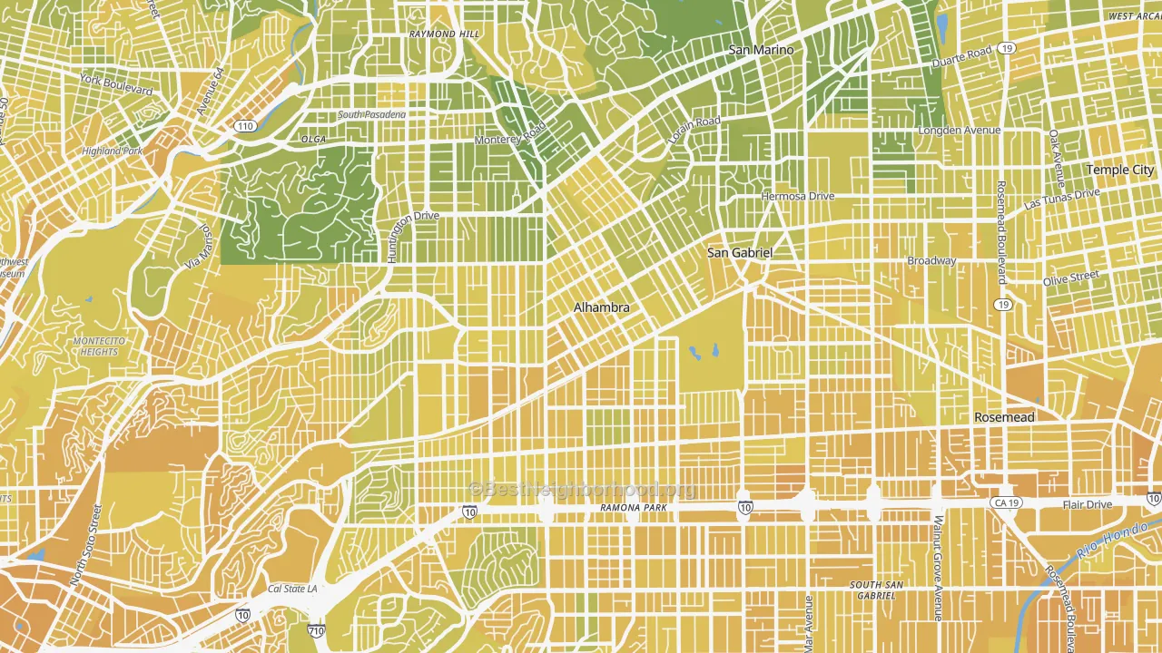 Map of the best neighborhoods in the 91801 area, with better matches in green and worse matches in red