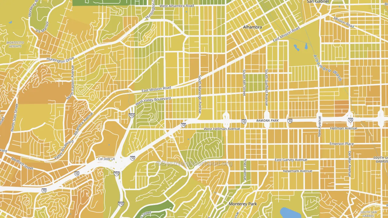 Map of the best neighborhoods in the 91803 area, with better matches in green and worse matches in red