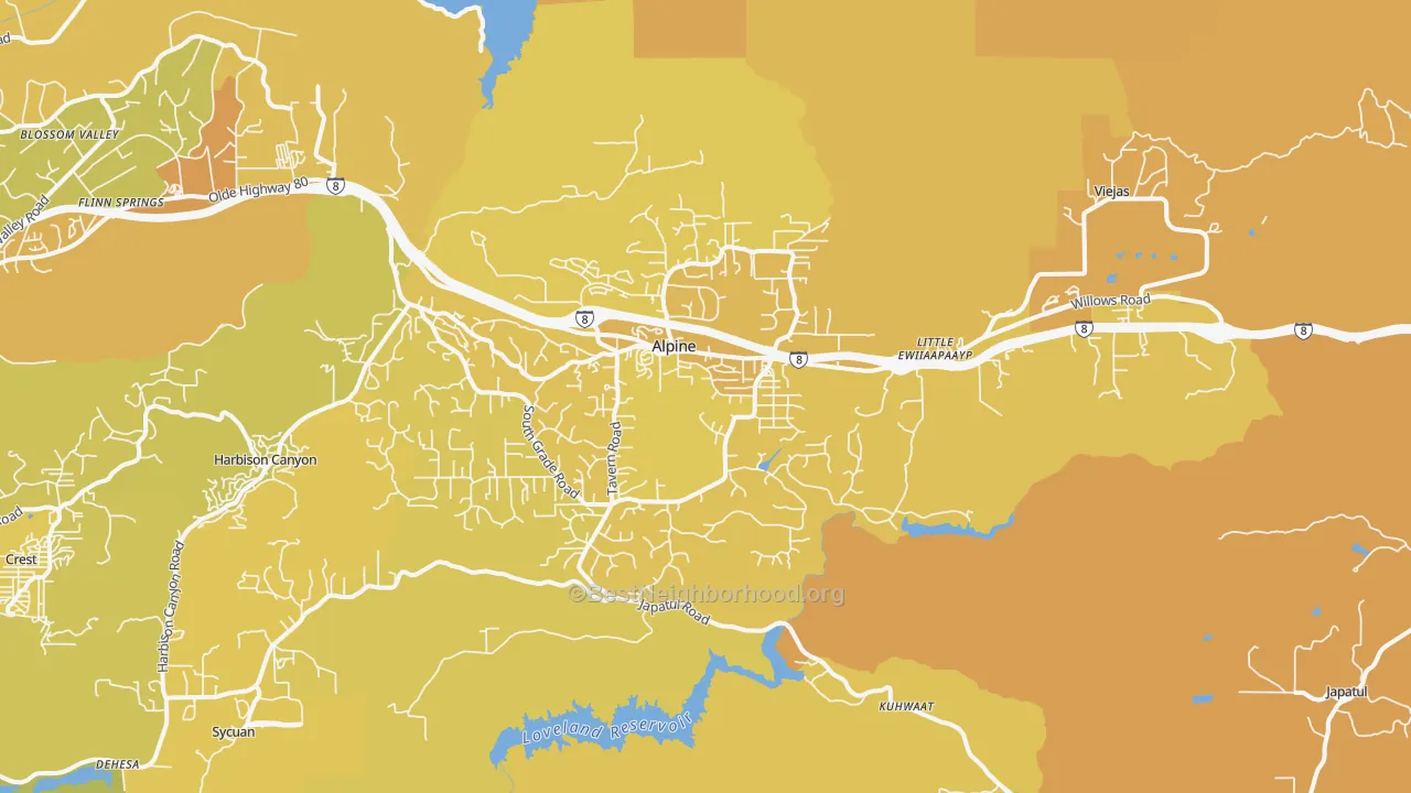 Map of the best neighborhoods in the 91901 area, with better matches in green and worse matches in red