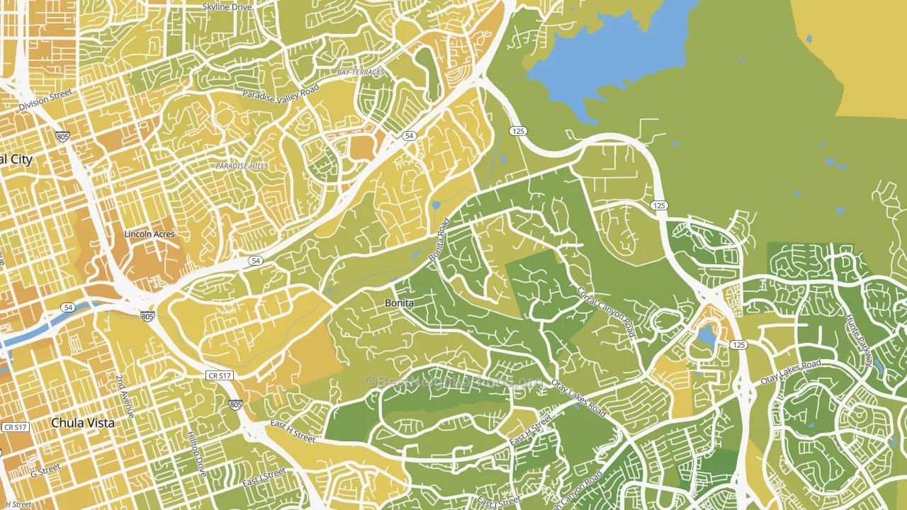 Map of the best neighborhoods in the 91902 area, with better matches in green and worse matches in red