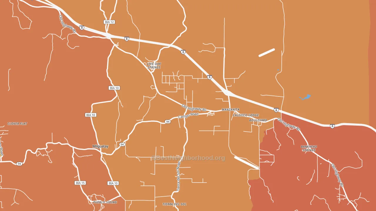 Map of the best neighborhoods in the 91905 area, with better matches in green and worse matches in red