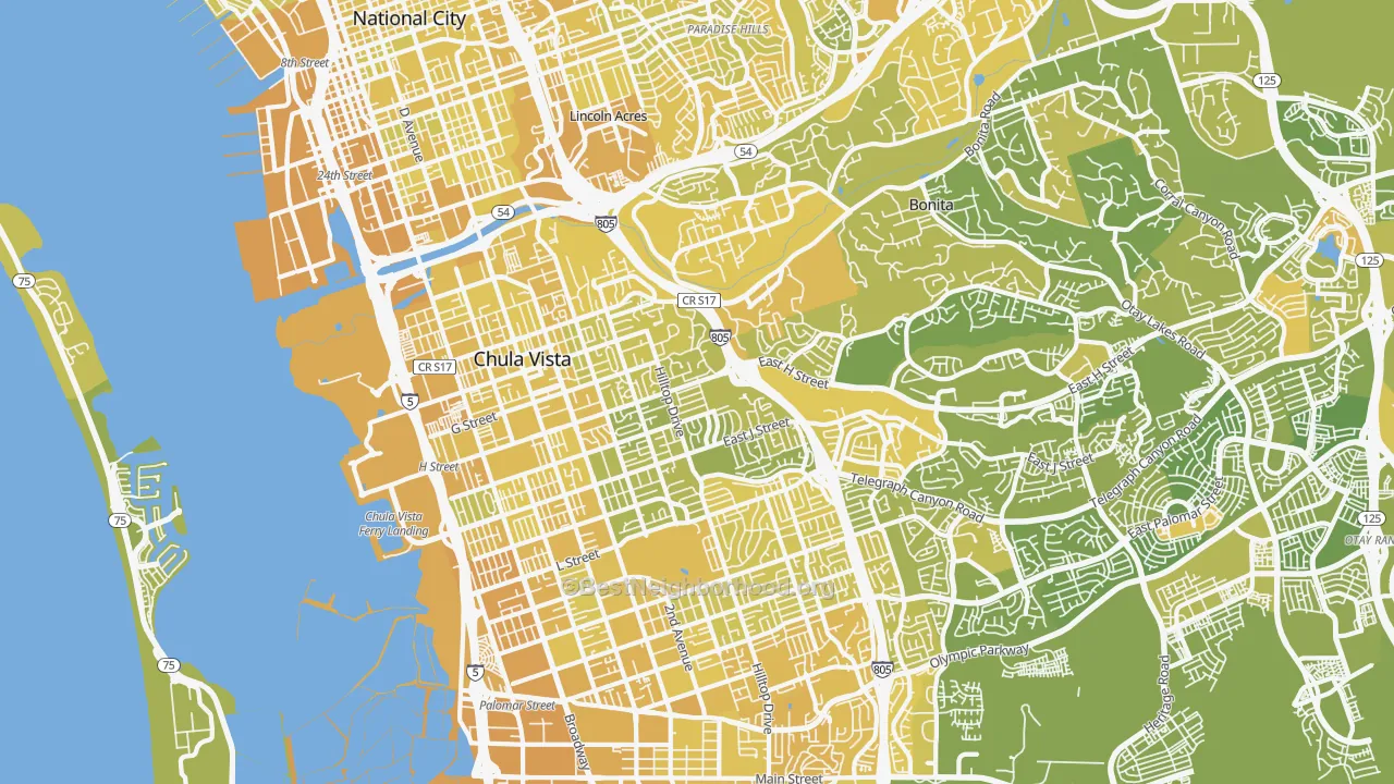 Map of the best neighborhoods in the 91910 area, with better matches in green and worse matches in red