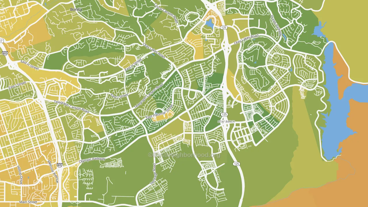 Map of the best neighborhoods in the 91913 area, with better matches in green and worse matches in red