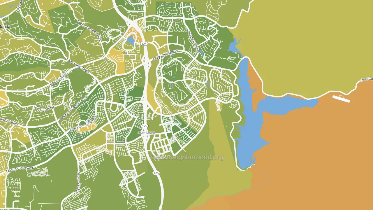 Map of the best neighborhoods in the 91915 area, with better matches in green and worse matches in red