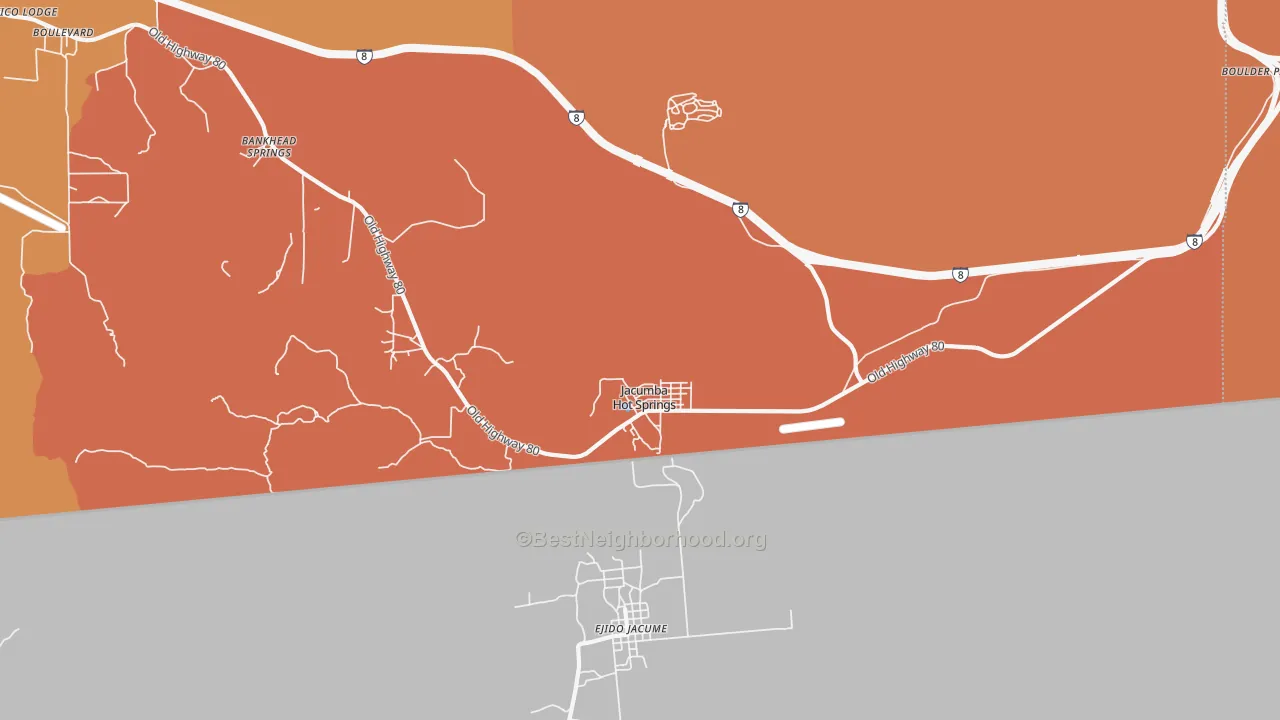 Map of the best neighborhoods in the 91934 area, with better matches in green and worse matches in red
