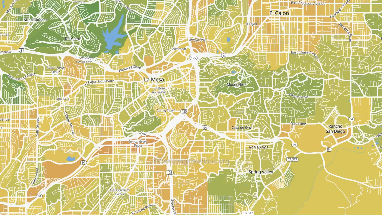Map of the best neighborhoods in the 91941 area, with better matches in green and worse matches in red