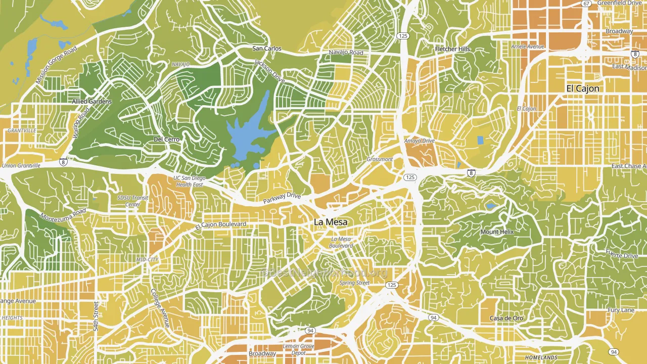 Map of the best neighborhoods in the 91942 area, with better matches in green and worse matches in red