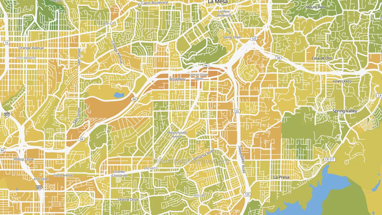 Map of the best neighborhoods in the 91945 area, with better matches in green and worse matches in red