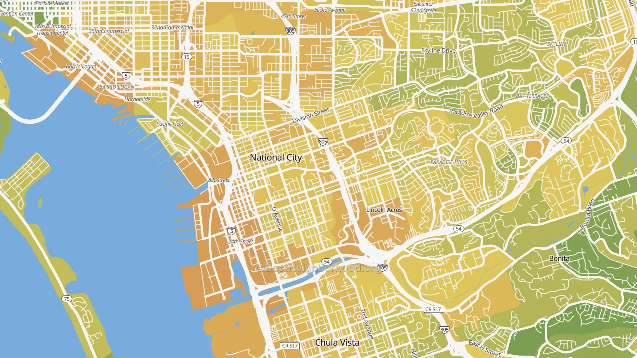 Map of the best neighborhoods in the 91950 area, with better matches in green and worse matches in red
