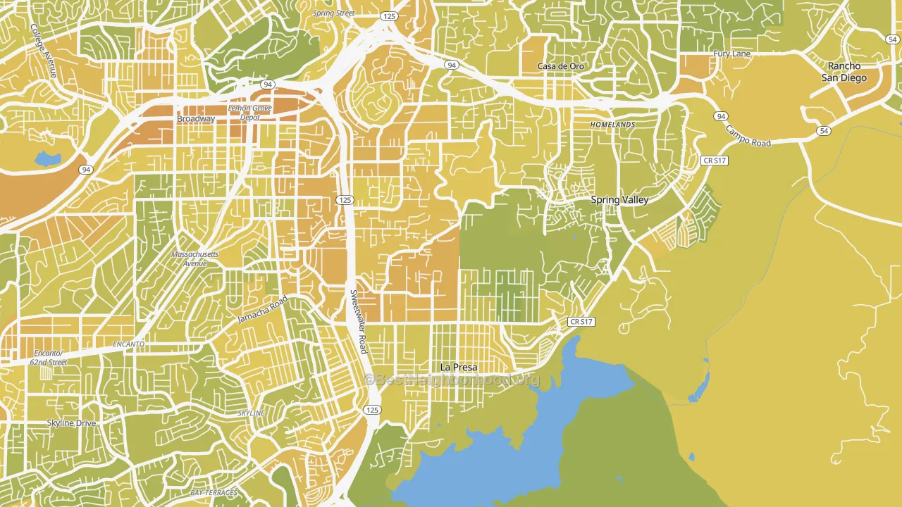 Map of the best neighborhoods in the 91977 area, with better matches in green and worse matches in red