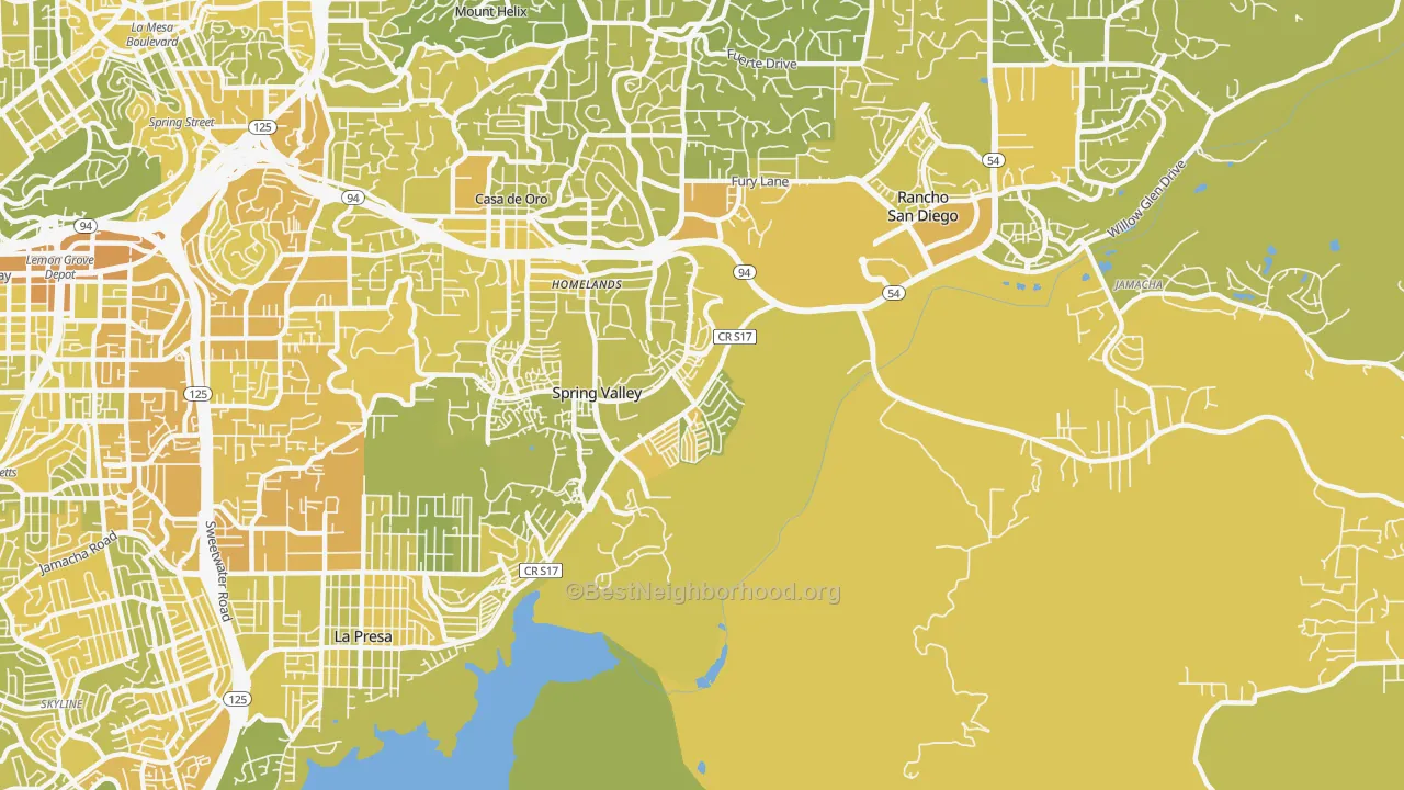 Map of the best neighborhoods in the 91978 area, with better matches in green and worse matches in red