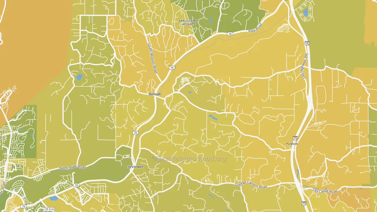 Map of the best neighborhoods in the 92003 area, with better matches in green and worse matches in red