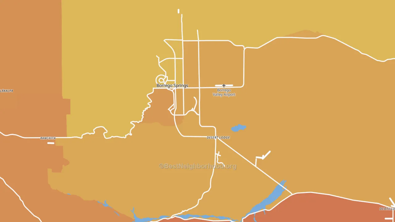 Map of the best neighborhoods in the 92004 area, with better matches in green and worse matches in red