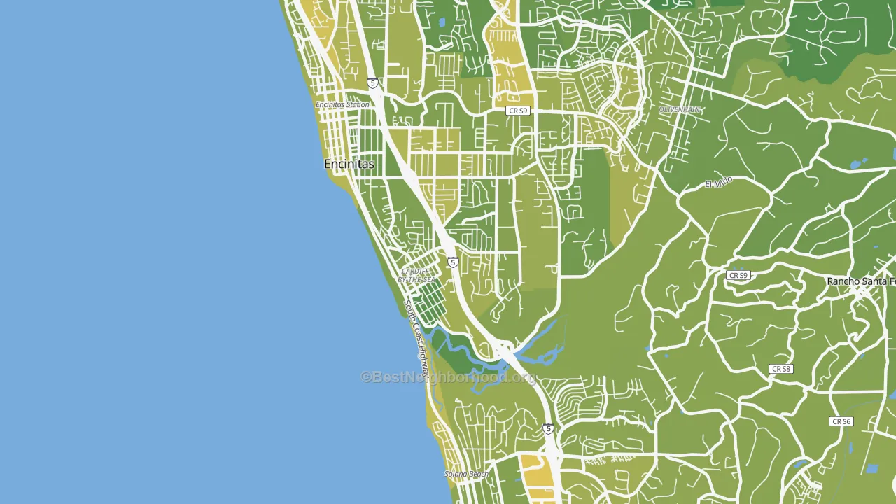 Map of the best neighborhoods in the 92007 area, with better matches in green and worse matches in red