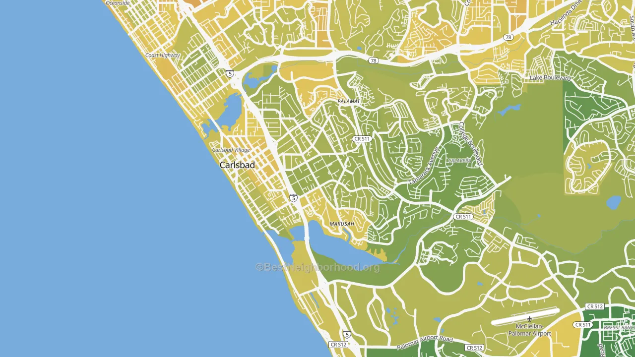 Map of the best neighborhoods in the 92008 area, with better matches in green and worse matches in red