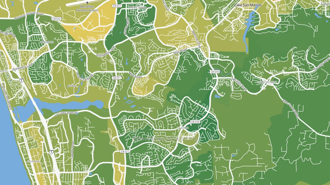 Map of the best neighborhoods in the 92009 area, with better matches in green and worse matches in red