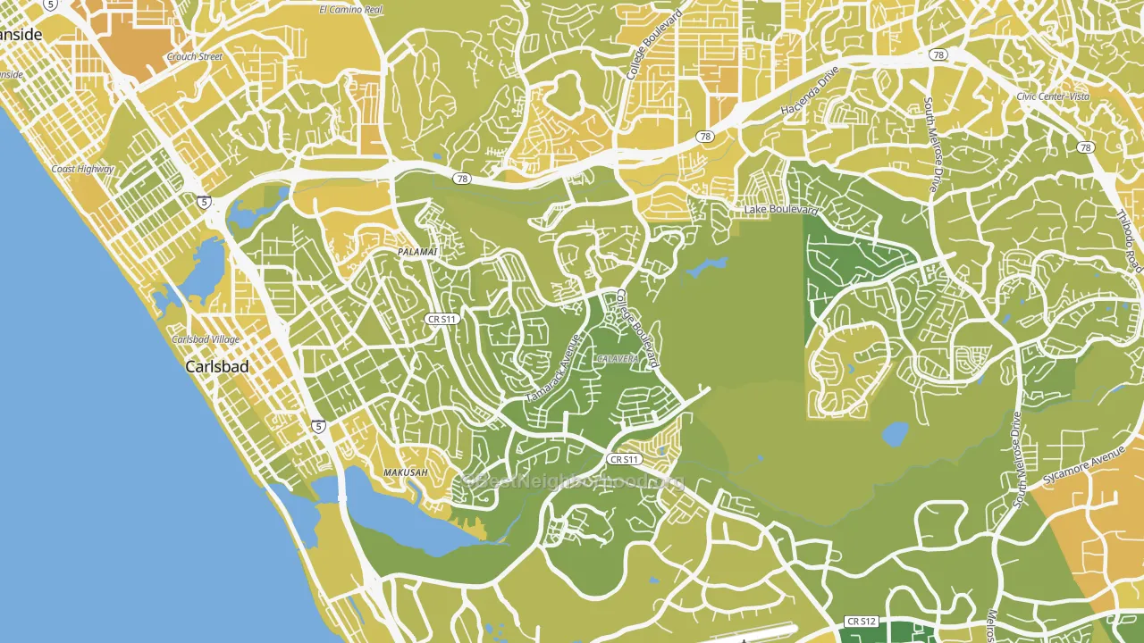 Map of the best neighborhoods in the 92010 area, with better matches in green and worse matches in red