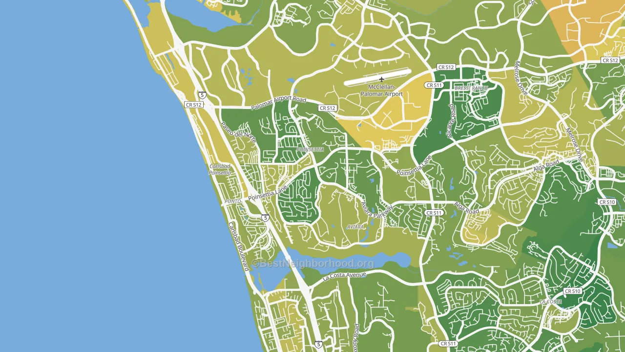 Map of the best neighborhoods in the 92011 area, with better matches in green and worse matches in red