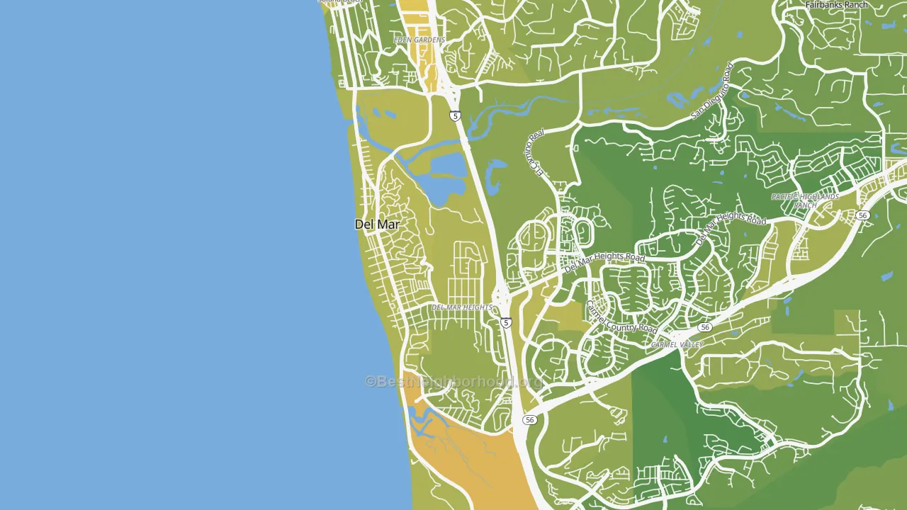Map of the best neighborhoods in the 92014 area, with better matches in green and worse matches in red