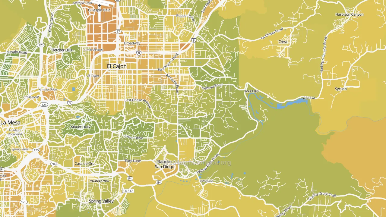 Map of the best neighborhoods in the 92019 area, with better matches in green and worse matches in red