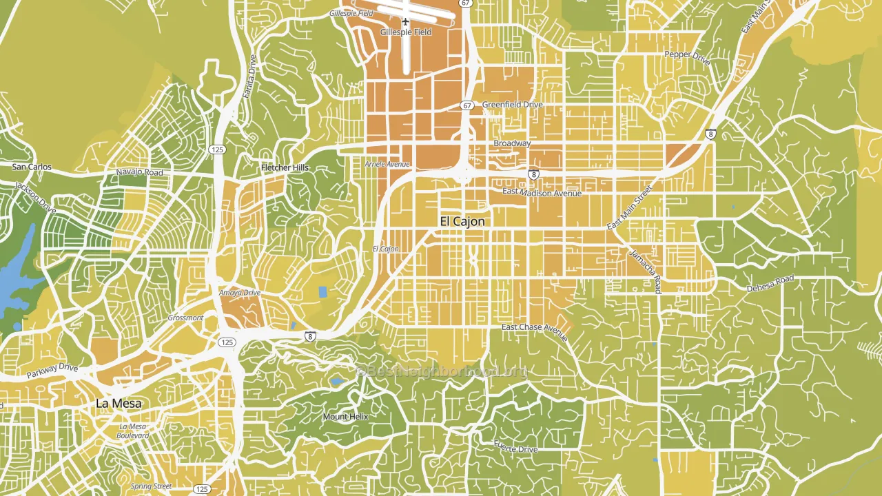 Map of the best neighborhoods in the 92020 area, with better matches in green and worse matches in red