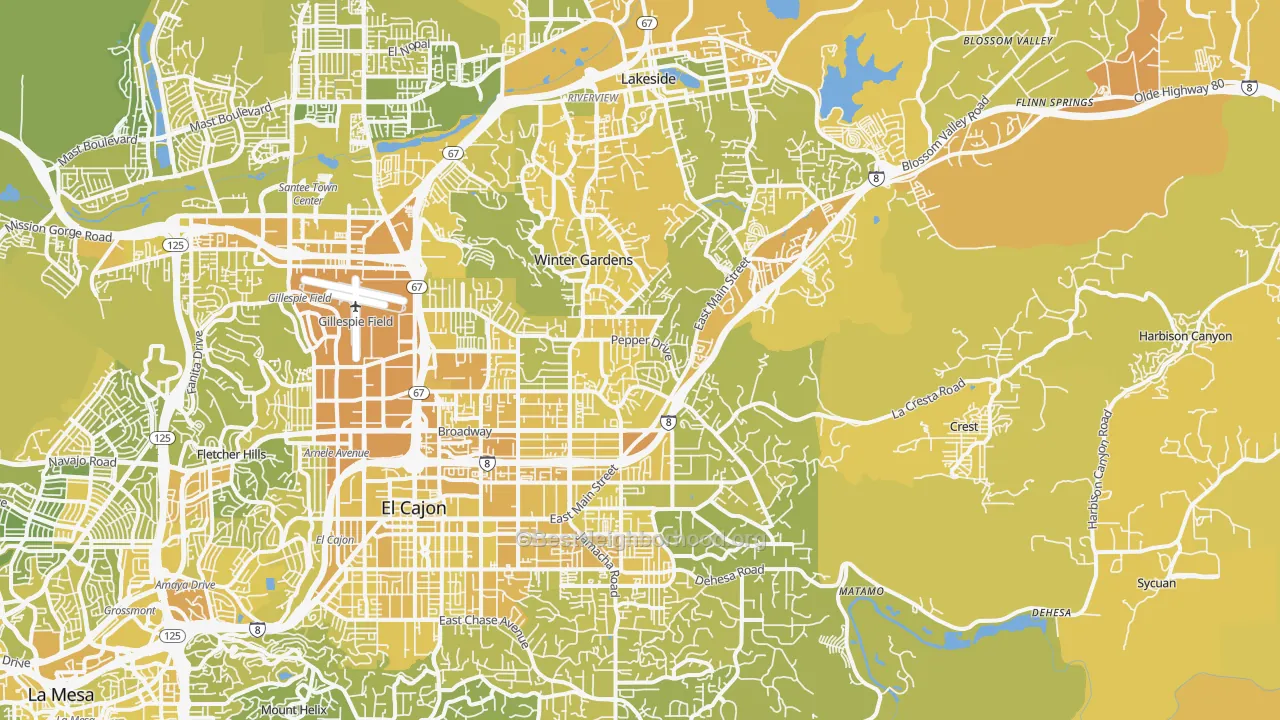Map of the best neighborhoods in the 92021 area, with better matches in green and worse matches in red