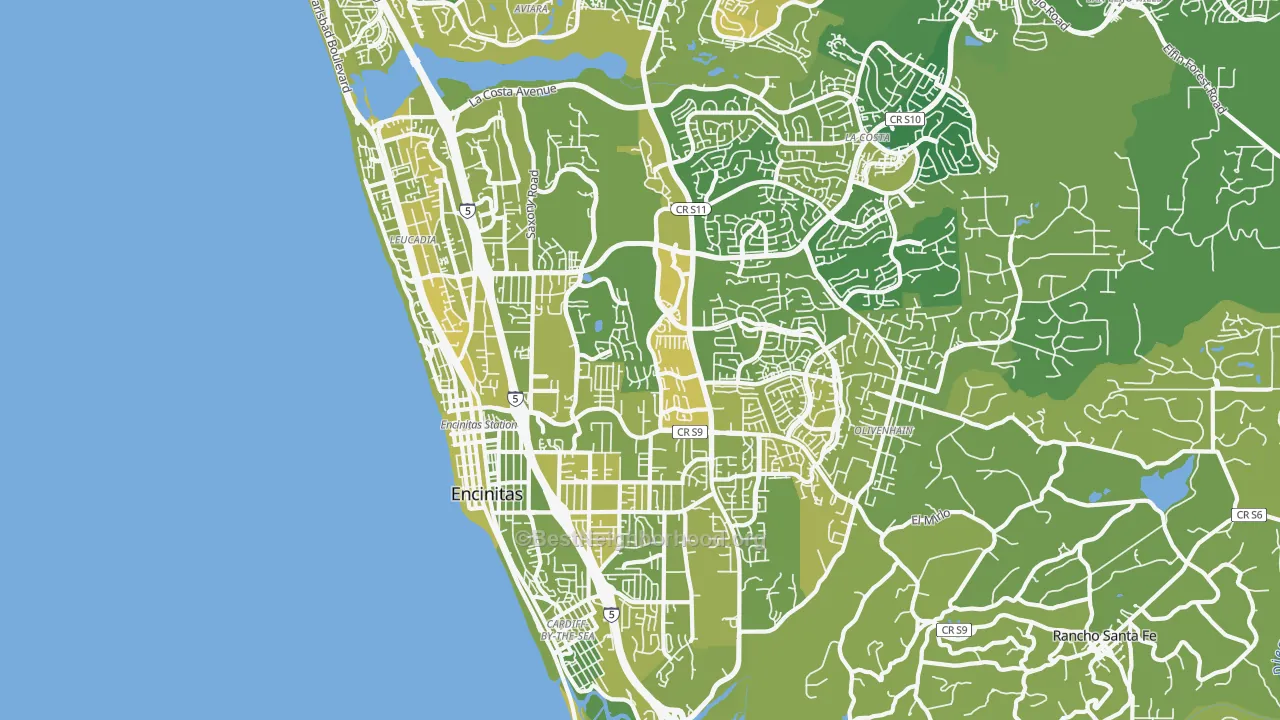 Map of the best neighborhoods in the 92024 area, with better matches in green and worse matches in red