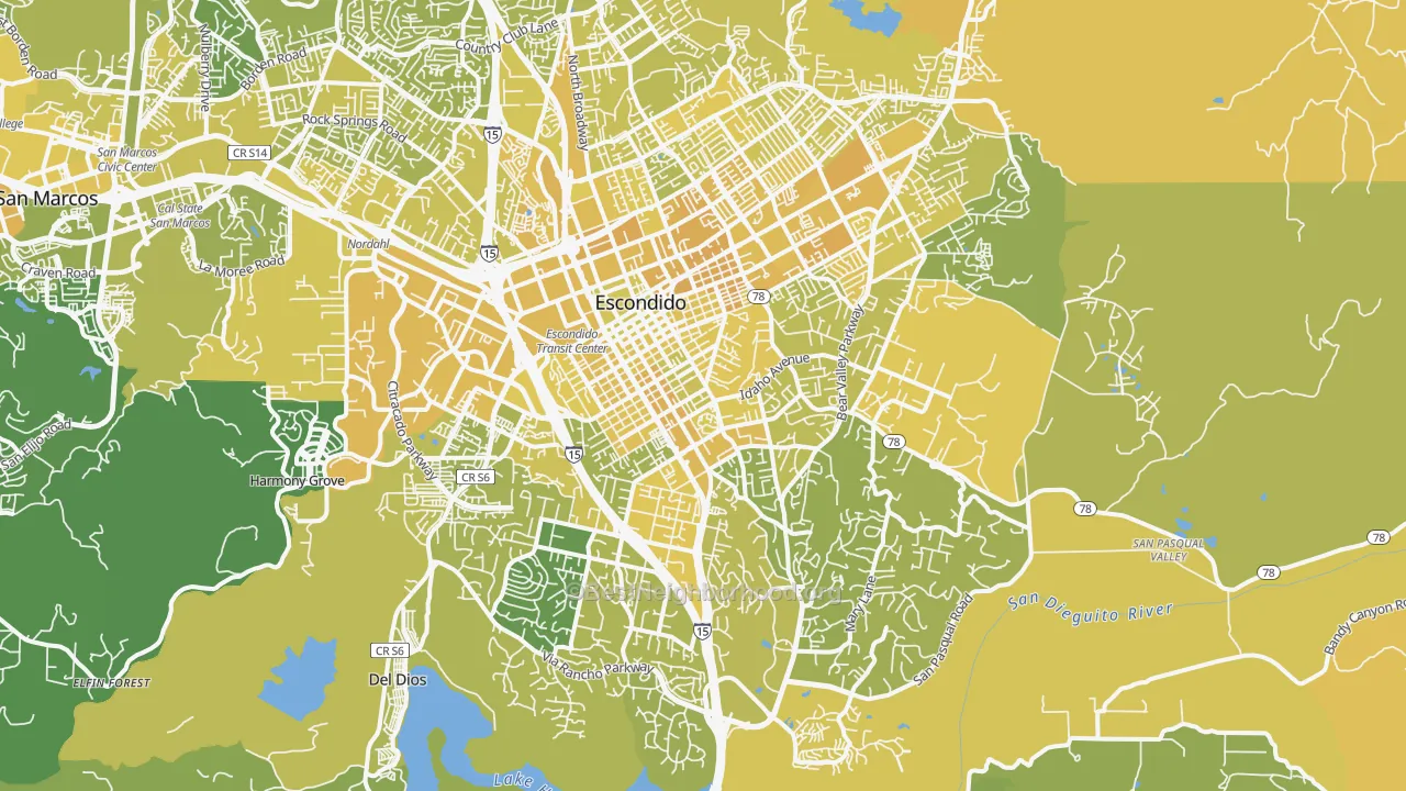 Map of the best neighborhoods in the 92025 area, with better matches in green and worse matches in red