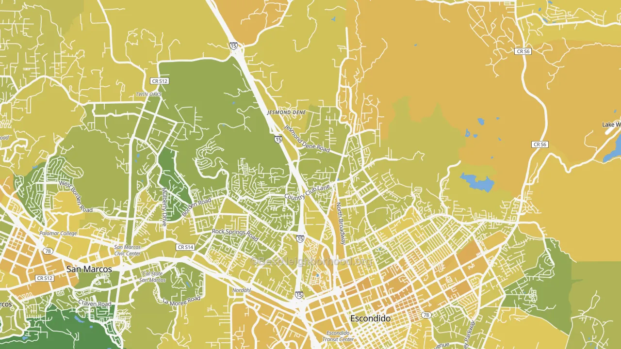 Map of the best neighborhoods in the 92026 area, with better matches in green and worse matches in red