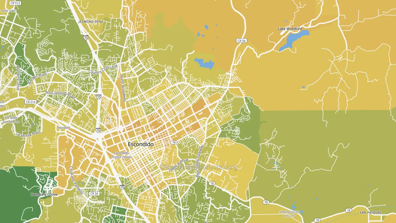 Map of the best neighborhoods in the 92027 area, with better matches in green and worse matches in red