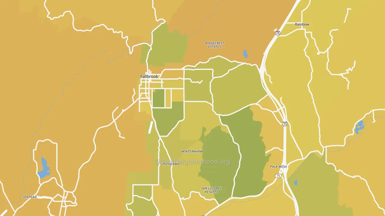 Map of the best neighborhoods in the 92028 area, with better matches in green and worse matches in red